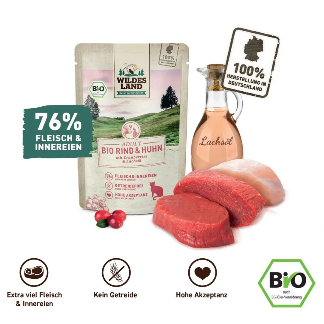 Eine Tüte Bio Katzenfutter Rind und Huhn von Wildes Land: 76% Fleisch & Innerein, 100% hergestellt in Deutschland, Extra viel Fleisch & Innerein, Kein Getreide, Hohe Akzeptanz, Bio