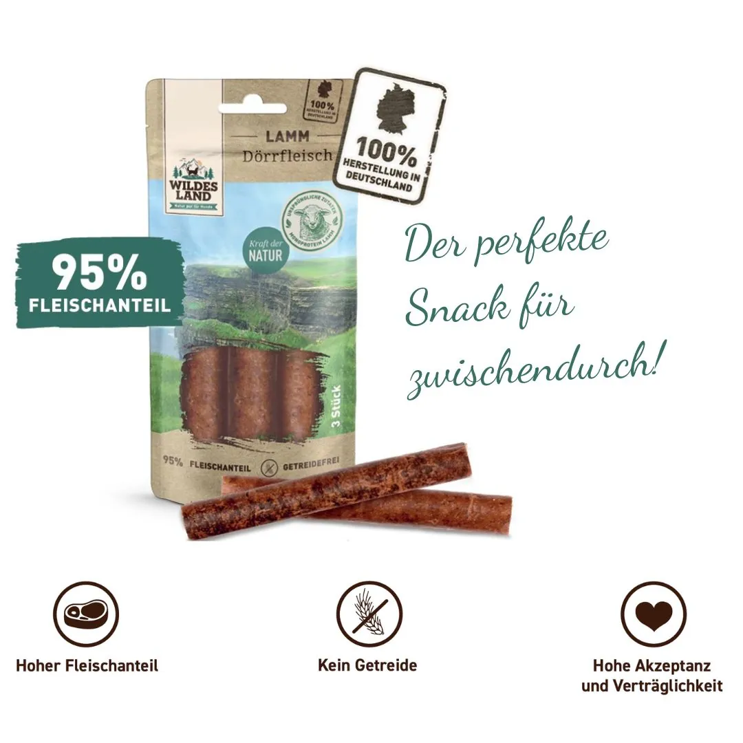 Eine Tüte Dörrfleisch Lamm von Wildes Land: Der perfekte Snack für zwischendurch! 95% Fleisch! 100% hergestellt in Deutschland!