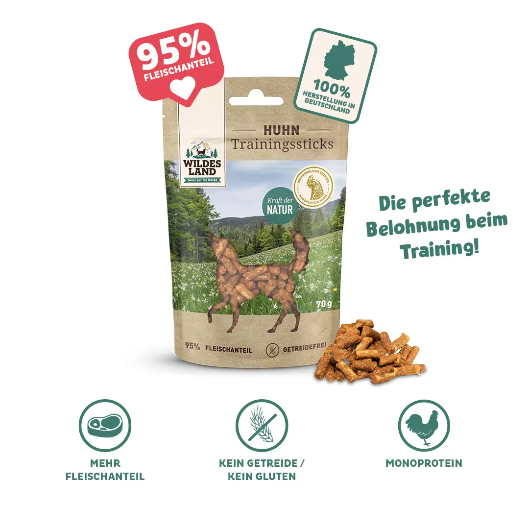 Eine Tüte Trainingssticks Huhn von Wildes Land: Die perfekte Belohnung beim Training! 95% Fleischanteil, 100% hergestellt in Deutschland!