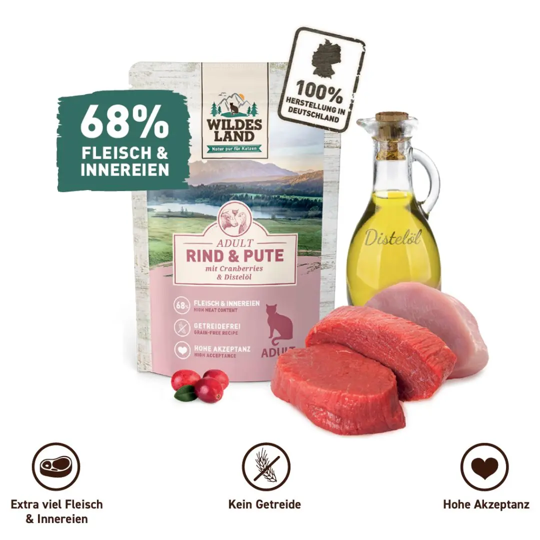 Eine Tüte Katzen Nassfutter Classic Rind und Huhn von Wildes Land: 76% Fleisch & Innerein, 100% hergestellt in Deutschland, Extra viel Fleisch & Innerein, Kein Getreide, Hohe Akzeptanz, Bio