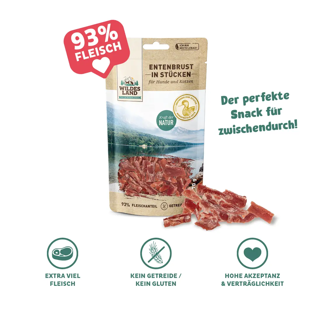 Eine Tüte Fleischsnacks Ente von Wildes Land: Der perfekte Snack für zwischendurch! 93% Fleisch!