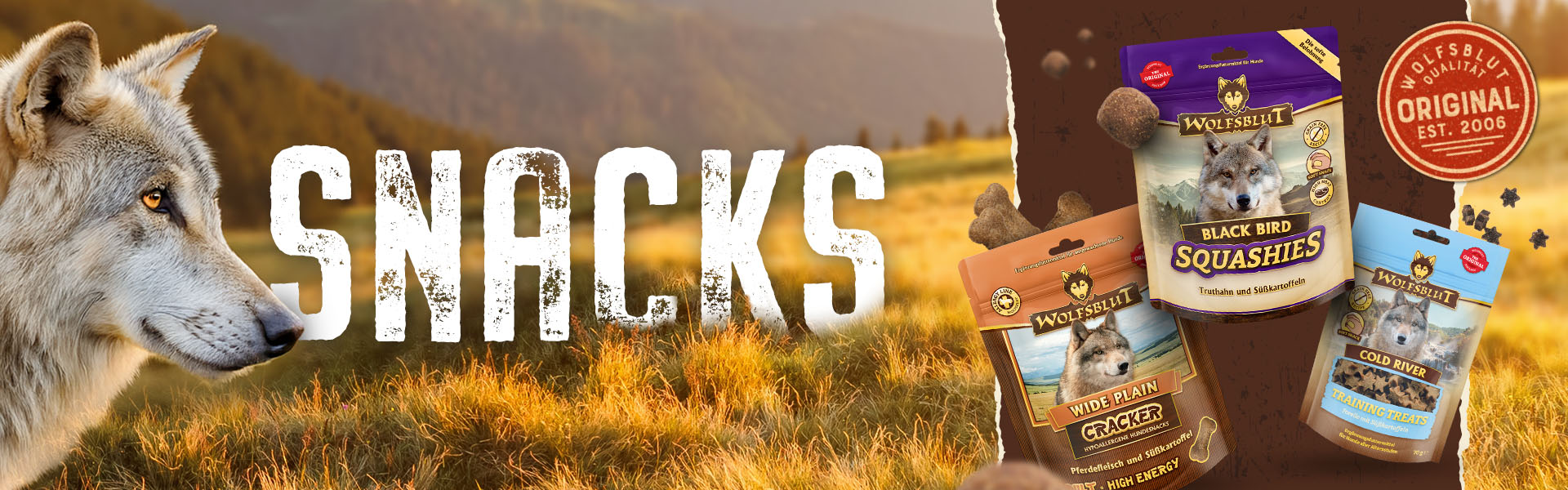 Wolf in der Natur mit Hunde Snacks von Wolfsblut