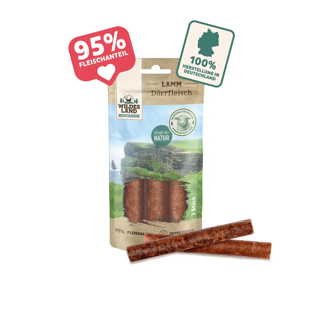Wildes Land Dörrfleisch für Hunde:Der perfekte Snack für zwischendurch! Mit 95% Fleischanteil und 100% hergestellt in Deutschland.