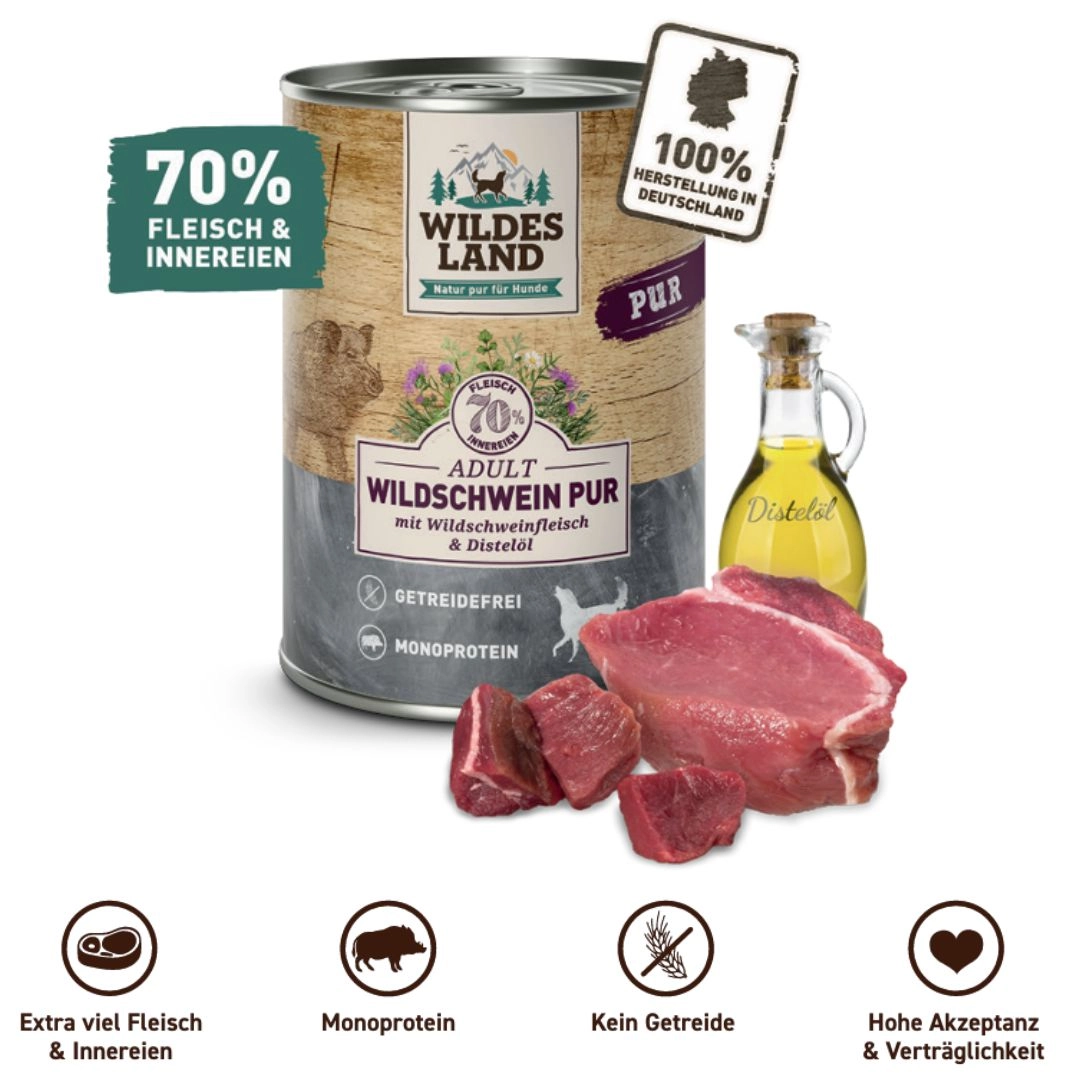 Eine Dose Nassfutter Hund PUR Wildschwein: Extra viel Fleisch & Innerein, Monoprotein, Kein Getreide, Wertvolle Wildkräuter, 70% Fleisch & Innerein, 100% Herstellung in Deutschland