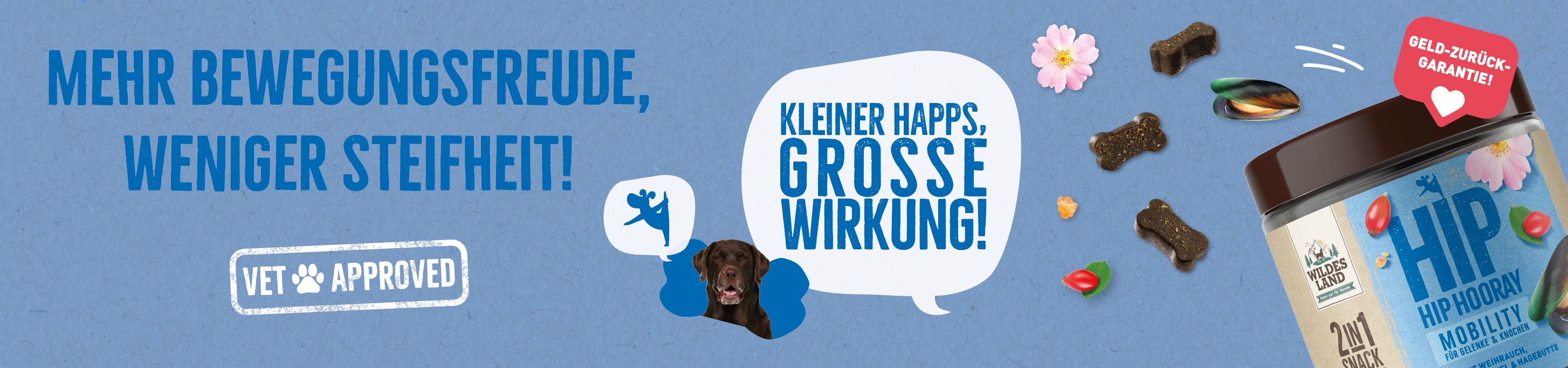 Werbung für 2in1 Snack MOBILITY von Wildes Land: Verpackung mit Leckerlis für bessere Beweglichkeit bei Hunden, umgeben von natürlichen Zutaten wie Hagebutte und Grünlippmuschel, auf blauem Hintergrund. Textbotschaften wie „Mehr Bewegungsfreude, weniger Steifheit!“ und „Vet Approved“.