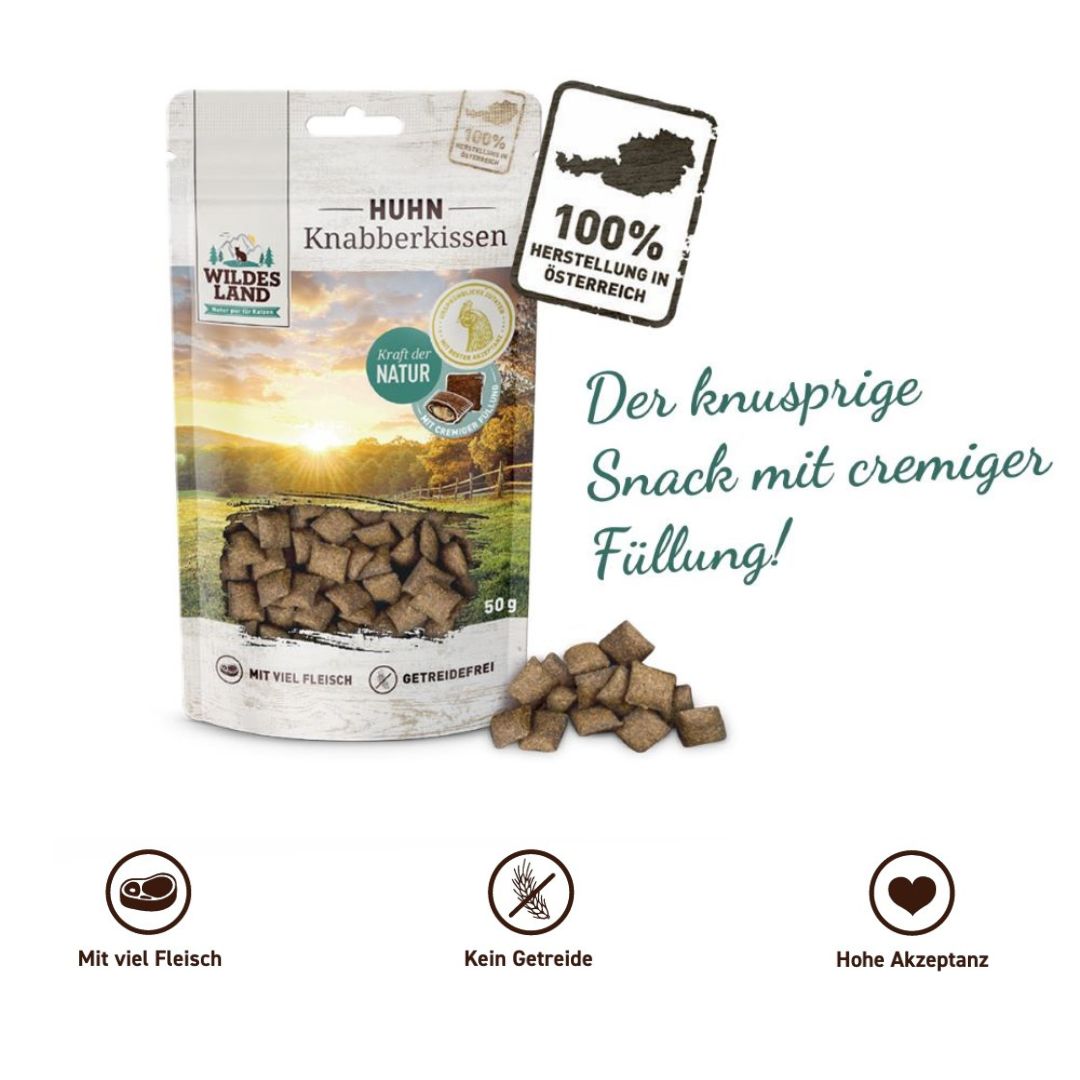 Eine Tüte Knabberkissen Huhn von Wildes Land: Der knusprige Snack mit cremiger Füllung, 100% hergestellt in Österreich!