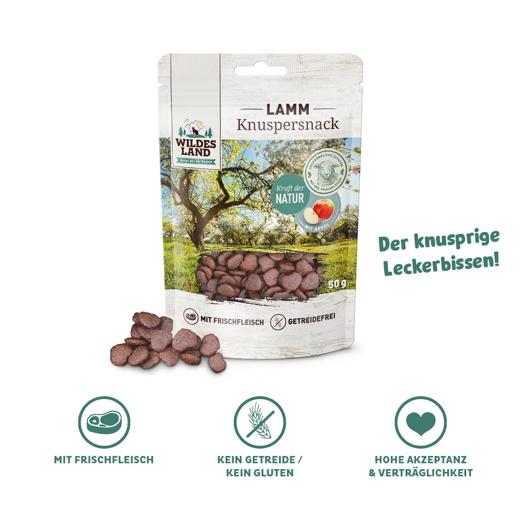 Eine Tüte Knuspersnacks Lamm von Wildes Land für Katzen: Der knusprige Leckerbissen