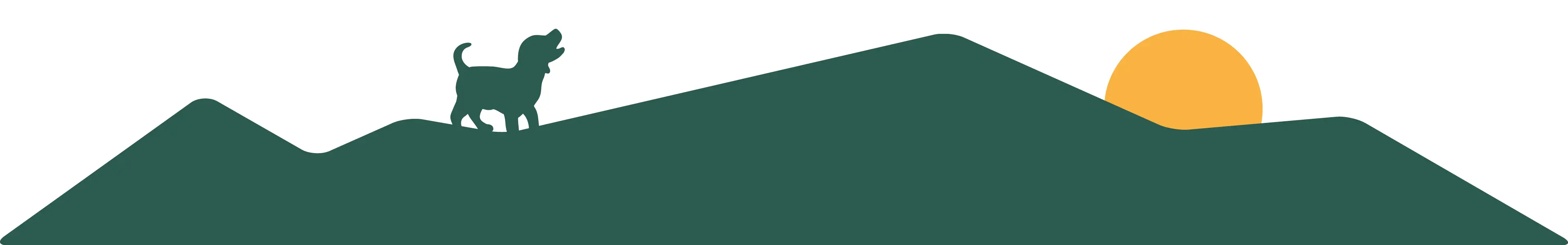 Abbinder Wildes Land: Illustration einer Landschaft mit grünen Hügeln, die Silhouette eines Welpen, sowie einer gelben Sonne im Hintergrund.