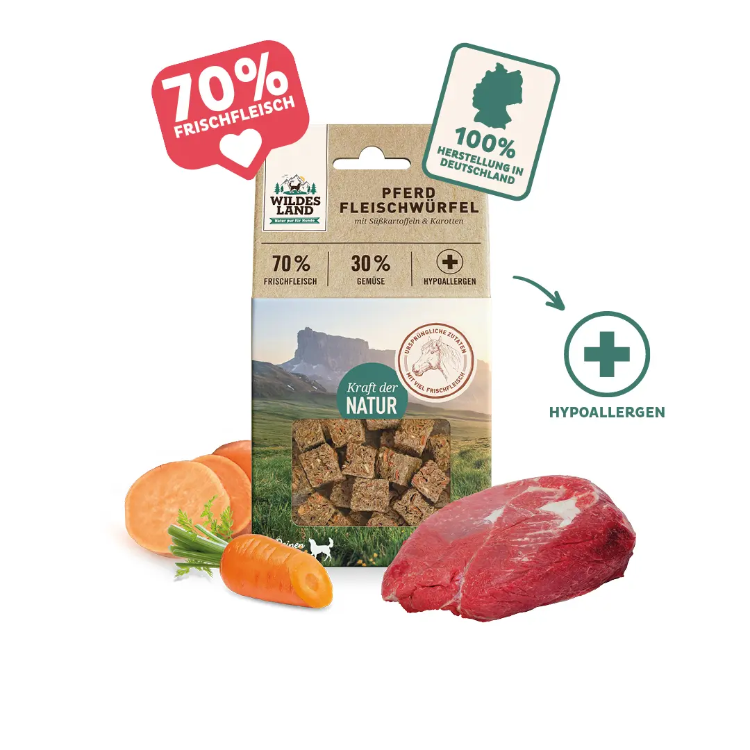 Wildes Land Fleischwürfel für Hunde: Mehr Fleisch für unterwegs mit 70% Fleisch und Herstellung 100% in Deutschland!