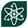 Icon of an atom with a central circle and smaller orbiting circles, shown on a dark green background, symbolising science or innovation.