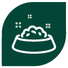 A dark green circle icon with a white symbol in the middle, of a pet bowl that has a bone on the side, filled with food.