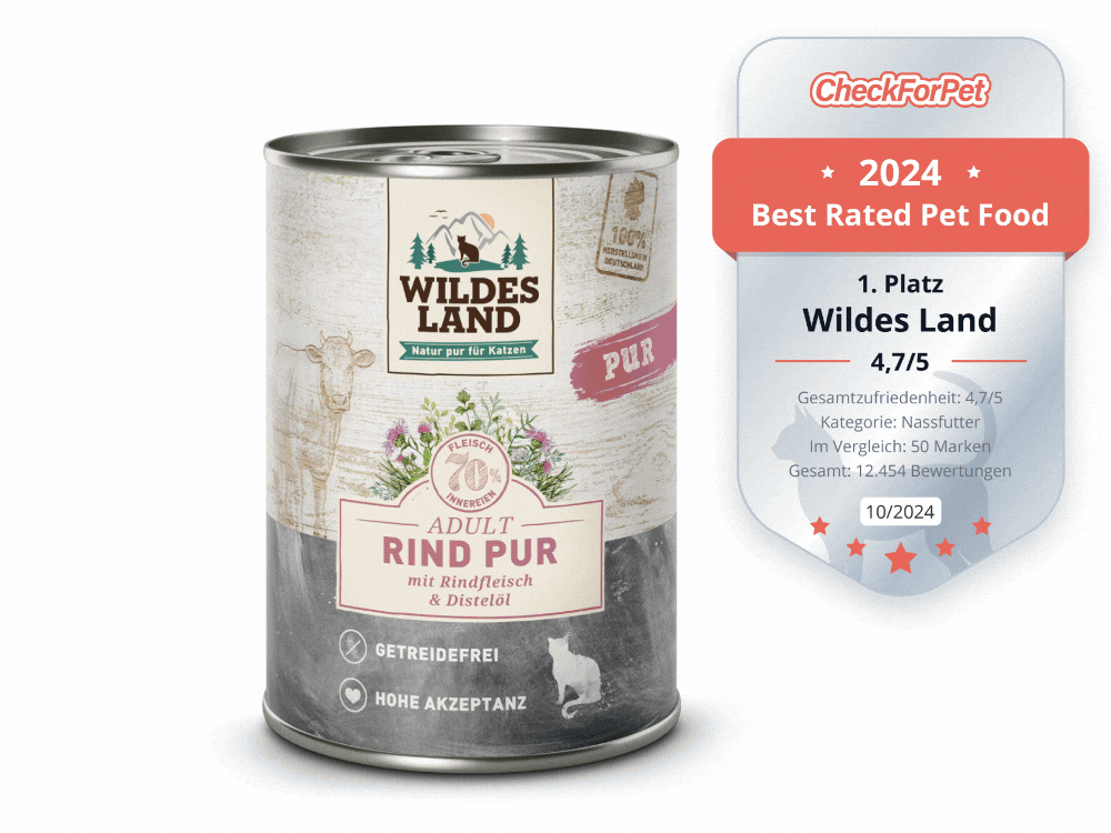 Auswahl an Nassfutter-Dosen von Wildes Land, ausgezeichnet als Testsieger und „Best Rated Pet Food 2024“ von CheckForPet. Wildes Land bietet bestes Katzenfutter mit natürlichen, hochwertigen Zutaten.