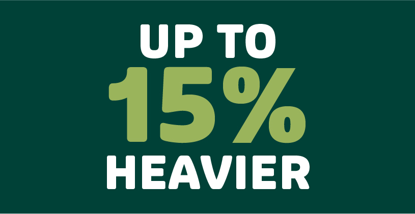 Graphic with the text 'Up to 15% Heavier' in bold green and white lettering on a dark green background.