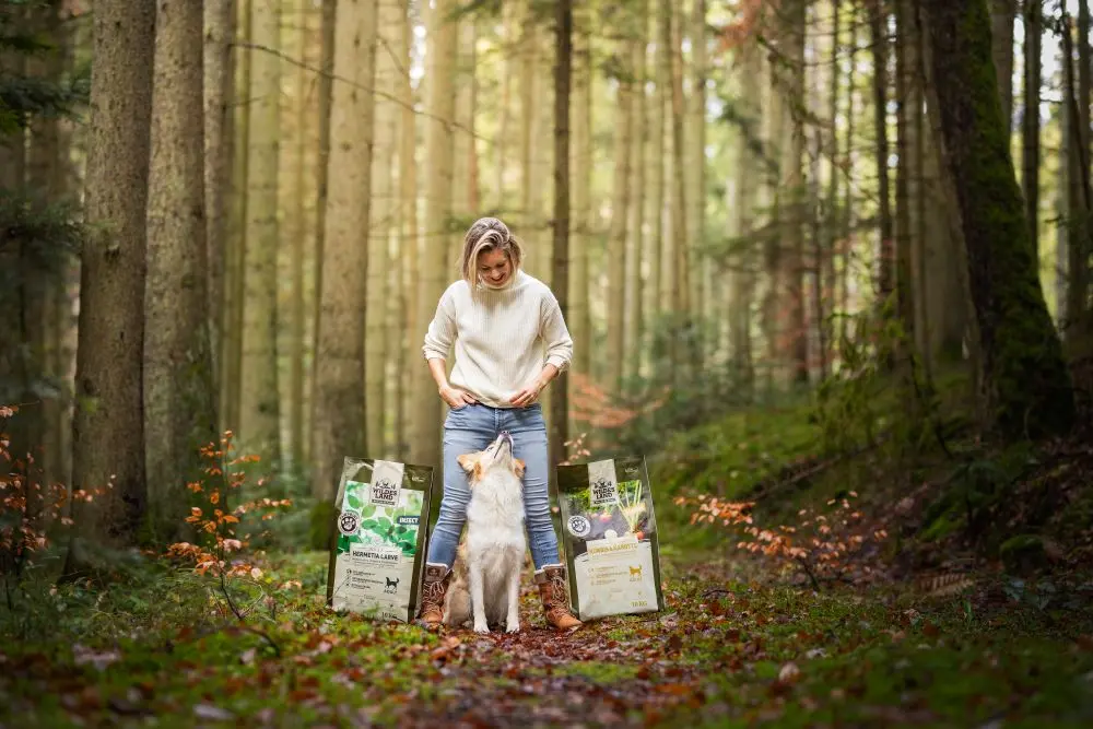 Eine Frau steht in einem herbstlichen Wald und schaut lächelnd auf ihren beige-weißen Hund, der vor ihr steht und sie ansieht. Links und rechts von ihnen stehen Verpackungen von PawPrint Trockenfutter von Wildes Land, darunter Sorten wie "Insekten Larve" und "Rind & Karotte".