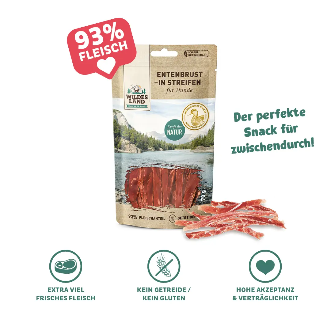 Eine Tüte Fleischsnacks Ente von Wildes Land: Der perfekte Snack für zwischendurch! 93% Fleisch!