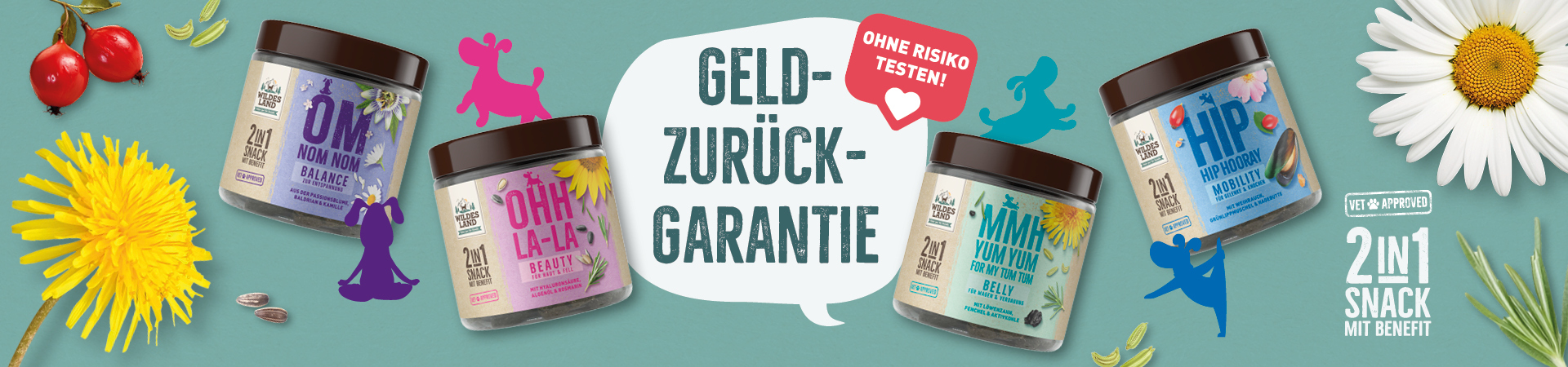 Werbung für die „2in1 Snack mit Benefit“-Serie von Wildes Land mit Geld-zurück-Garantie und der Möglichkeit, risikofrei zu testen. Verschiedene Snack-Varianten sind mit natürlichen Zutaten wie Hagebutten, Löwenzahn, Kamille und Sonnenblumen illustriert, ergänzt durch farbige Hunde-Icons und den Hinweis „Vet Approved“.
