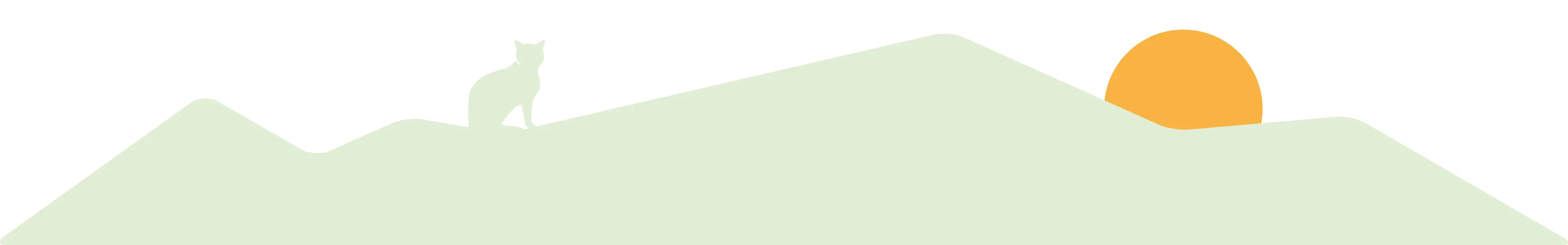 Abbinder Wildes Land: Illustration einer Landschaft mit grünen Hügeln, einer Silhouette einer Katze, sowie einer gelben Sonne im Hintergrund.