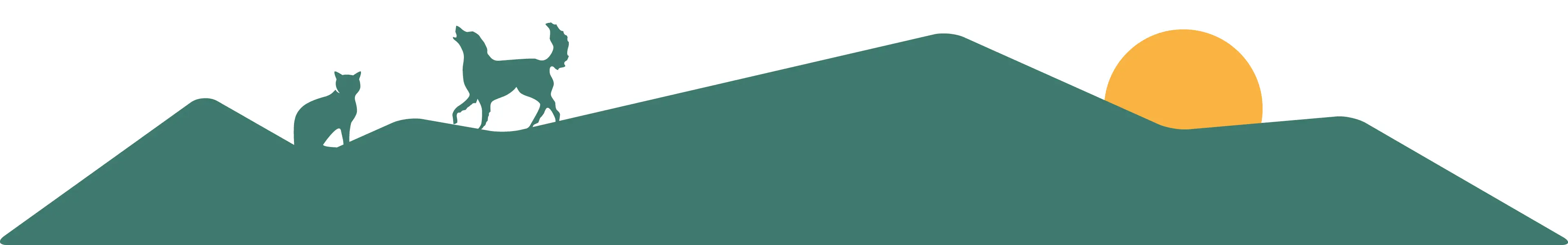 Abbinder Wildes Land: Illustration einer Landschaft mit grünen Hügeln, einer Silhouette einer Katze und eines Hundes, sowie einer gelben Sonne im Hintergrund.