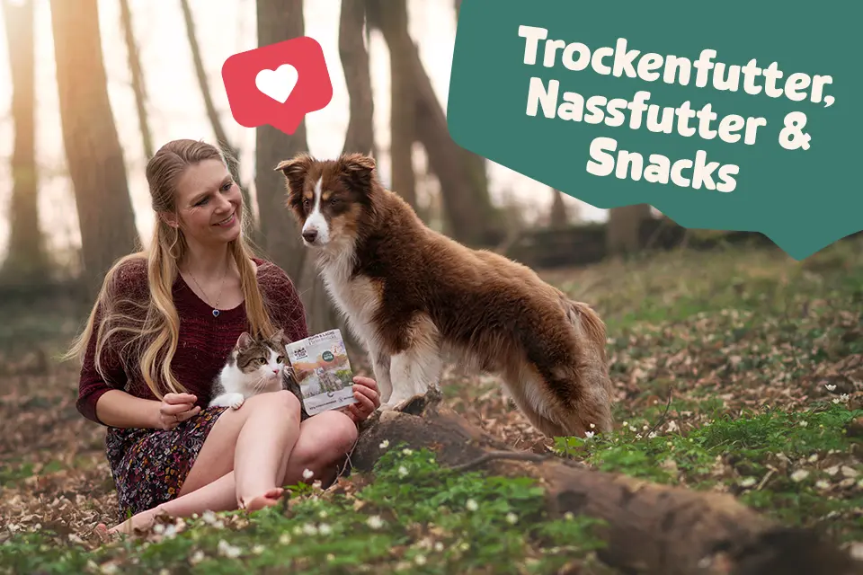 Hund und Katze liegen auf einer Wiese neben Wildes Land Produkten. Text: 'Trockenfutter, Nassfutter & Snacks'