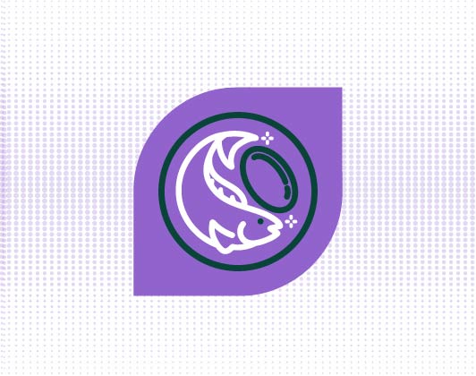 A simple line drawing of a fish inside a circular outline in dark green on a purple leaf-shaped background, representing fish or seafood ingredients.