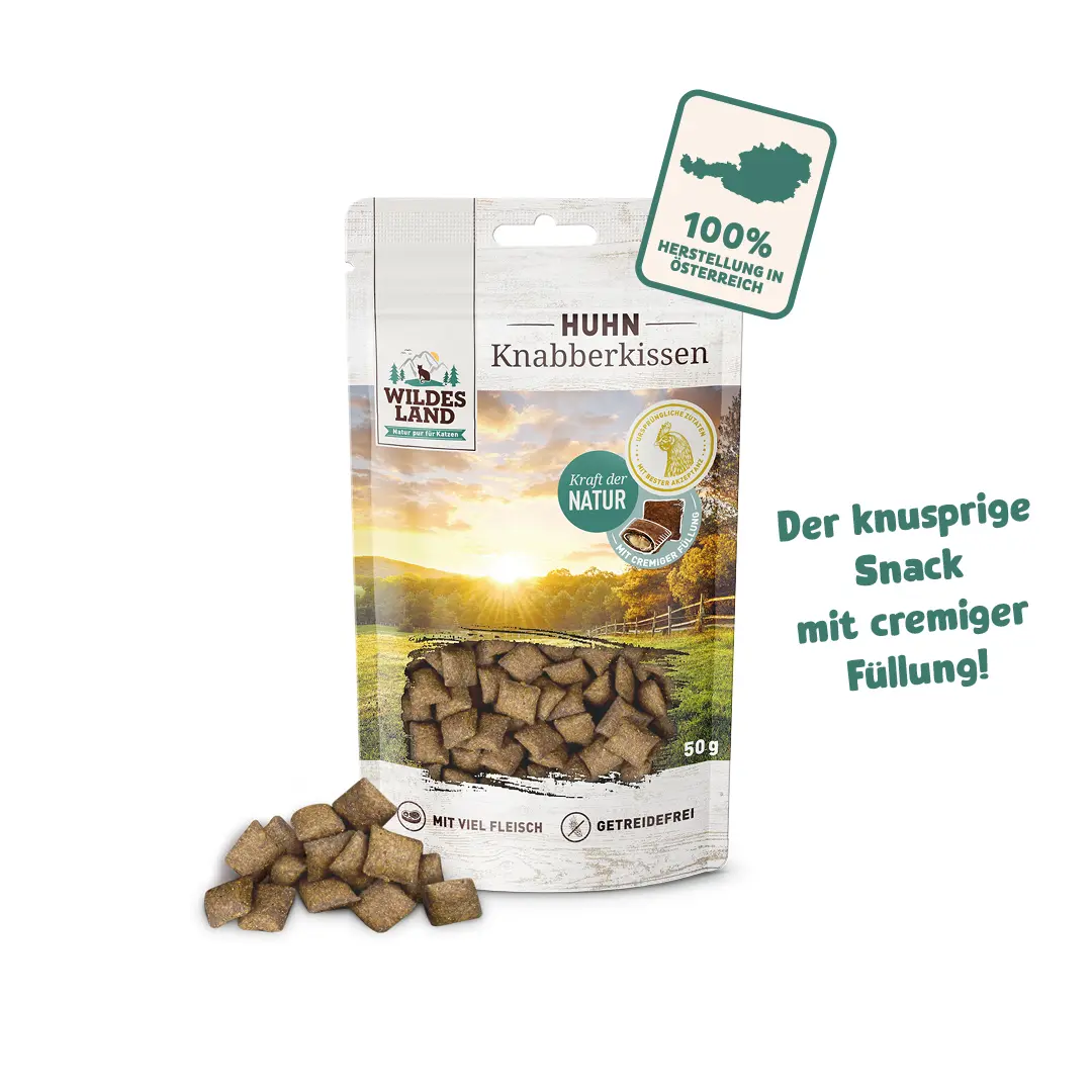 Wildes Land Knabberkissen für Katzen: Der knusprige Snack mit cremiger Füllung, 100% hergestellt in Österreich!