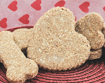 Homemade dog biscuits in heart and bone shapes arranged on a red textured mat, with a pink background decorated with red hearts.