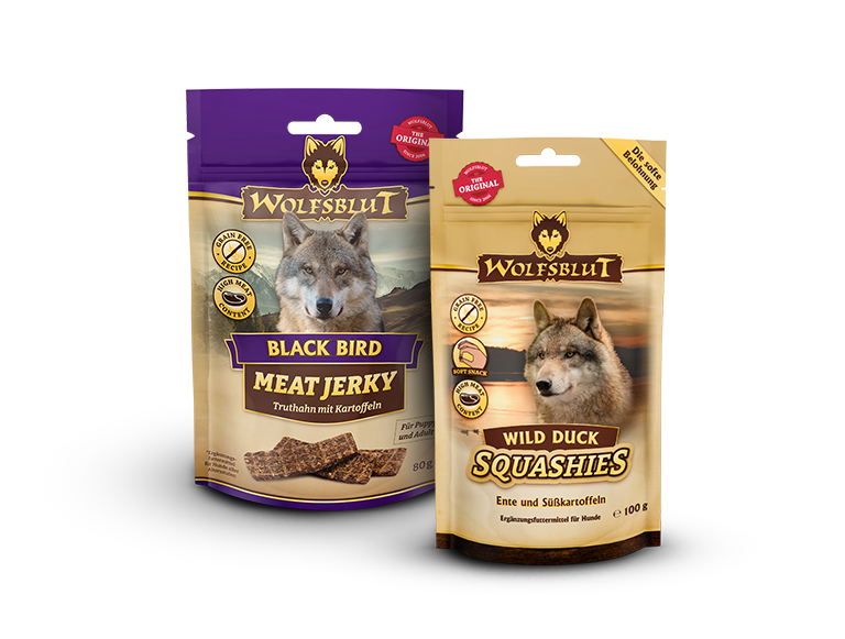 Produktdarstellung Wolfsblut Wild Duck Squashie und Black Bird Meat Jerky