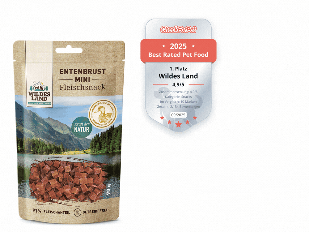 Auswahl an Nassfutter-Dosen von Wildes Land, ausgezeichnet als Testsieger und „Best Rated Pet Food 2024“ von CheckForPet. Wildes Land bietet bestes Katzenfutter mit natürlichen, hochwertigen Zutaten.