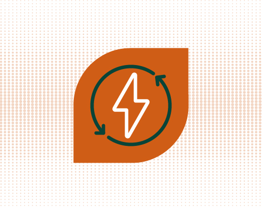 Orange leaf-shaped icon featuring a white lightning bolt enclosed by circular arrows, symbolising energy, vitality, or metabolism support.