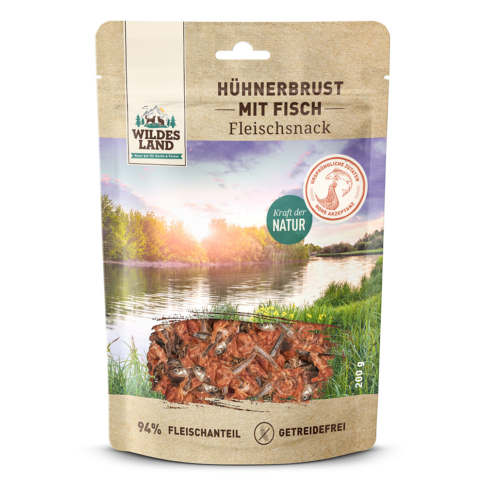Freigestellte Produktdarstellung: Snack für Hund & Katze - Fleischsnacks - Hühnerbrust mit Fisch 200g