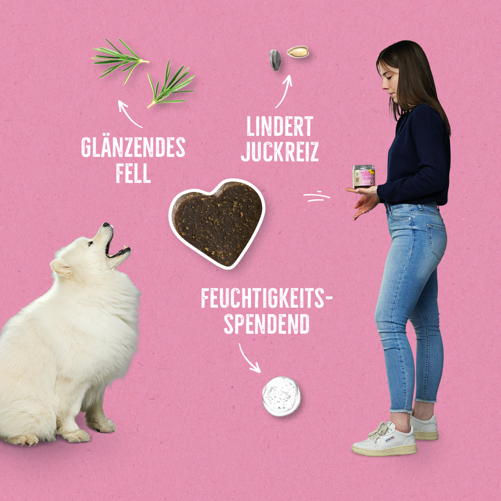Ein weißer Hund sitzt vor einer Frau, die eine Dose „2in1 Snack BEAUTY“ hält, auf pinkem Hintergrund. Zutaten wie Rosmarin, Sonnenblumenkerne und Feuchtigkeitsspender werden hervorgehoben mit den Vorteilen „Glänzendes Fell“, „Lindert Juckreiz“ und „Feuchtigkeitsspendend“.