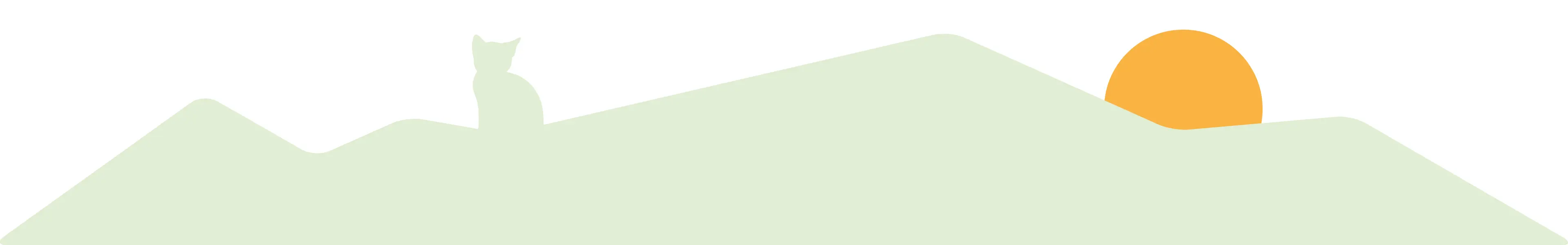 Abbinder Wildes Land: Illustration einer Landschaft mit grünen Hügeln, die Silhouette eines Kitten, sowie einer gelben Sonne im Hintergrund.