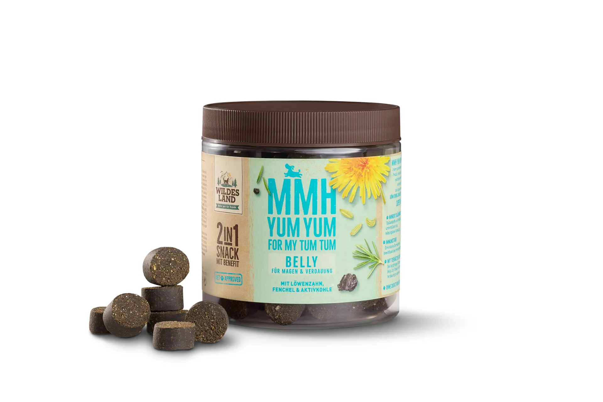 Dose des Wildes Land 2in1 Snack mit Benefit „MMH YUM YUM Belly“ für Magen & Verdauung, mit runden Snacks davor.