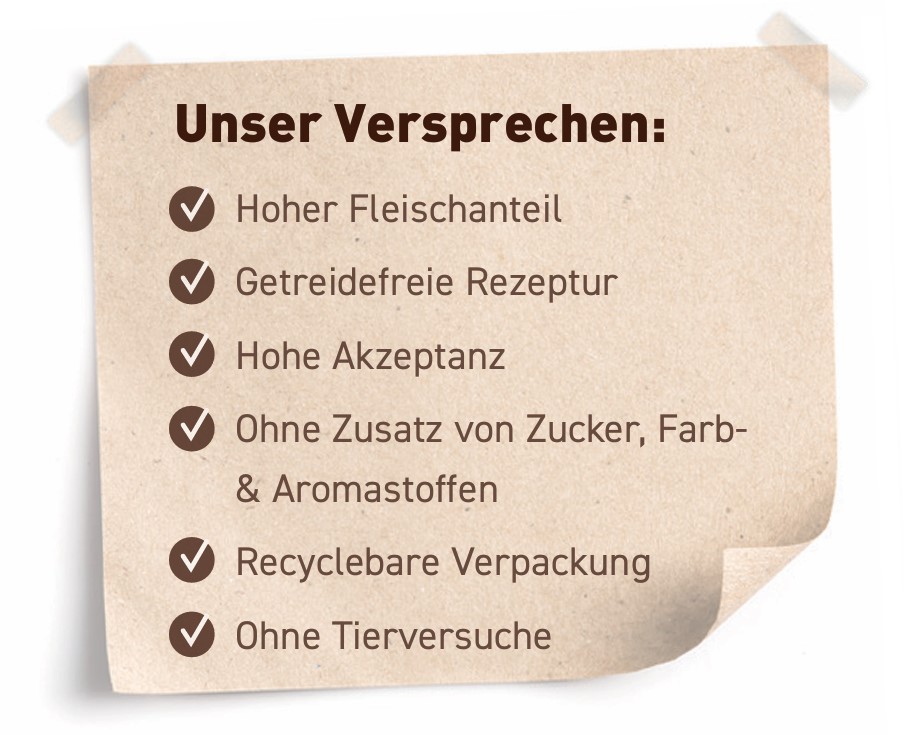 Unser Versprechen: Hoher Fleischanteil, Getreidefreie Rezeptur, Hohe Akzeptanz, Ohne Zusatz von Zucker-, Farb-, Aroma- & Konservierungsstoffen, Recyclebare Verpackung, Ohne Tierversuche