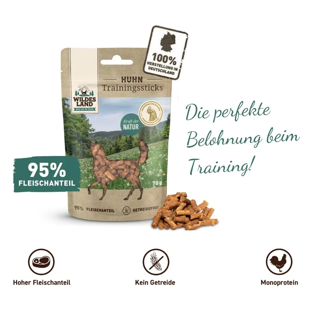Eine Tüte Trainingssticks Huhn von Wildes Land: Die perfekte Belohnung beim Training! 95% Fleischanteil, 100% hergestellt in Deutschland!
